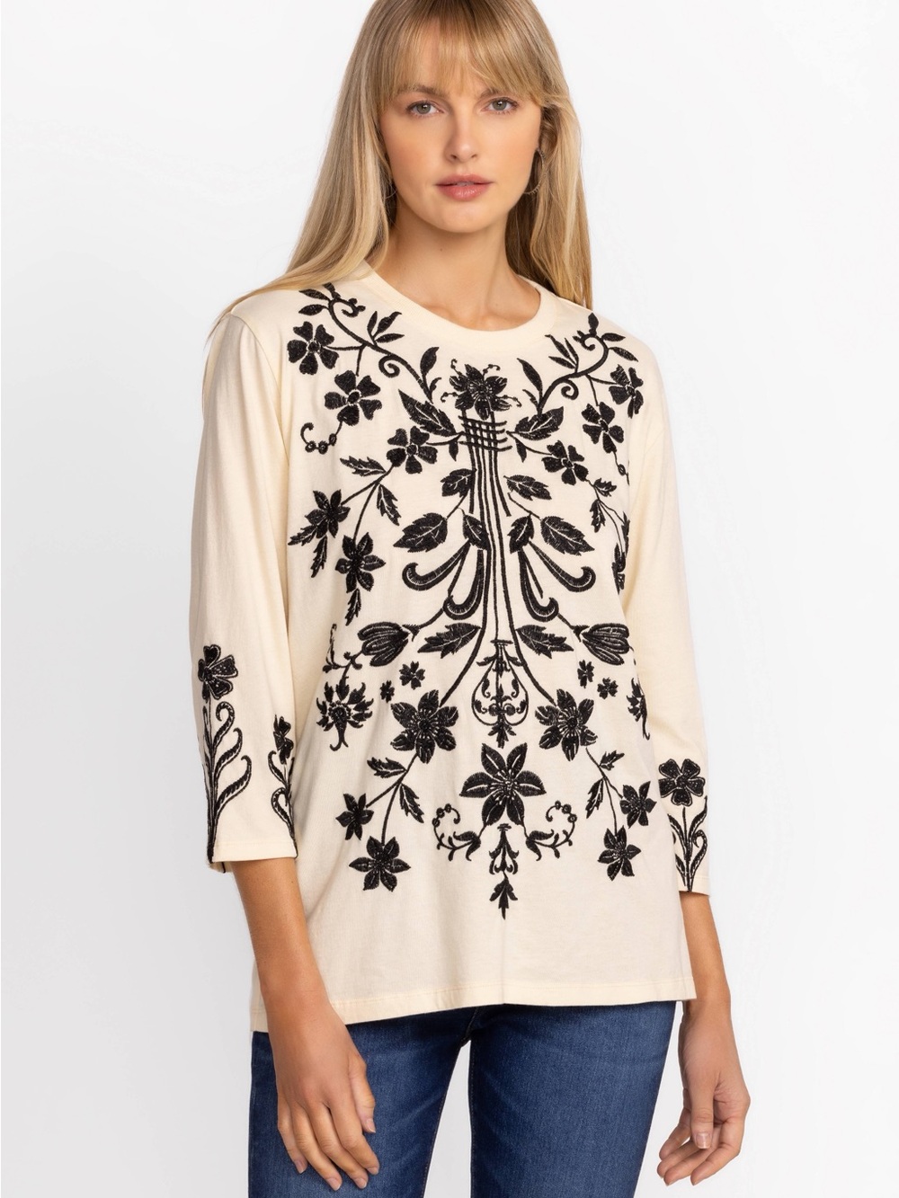 Johnny Was Floral Embroidered 3/4 Sleeve Crew Neck Tee Size M
